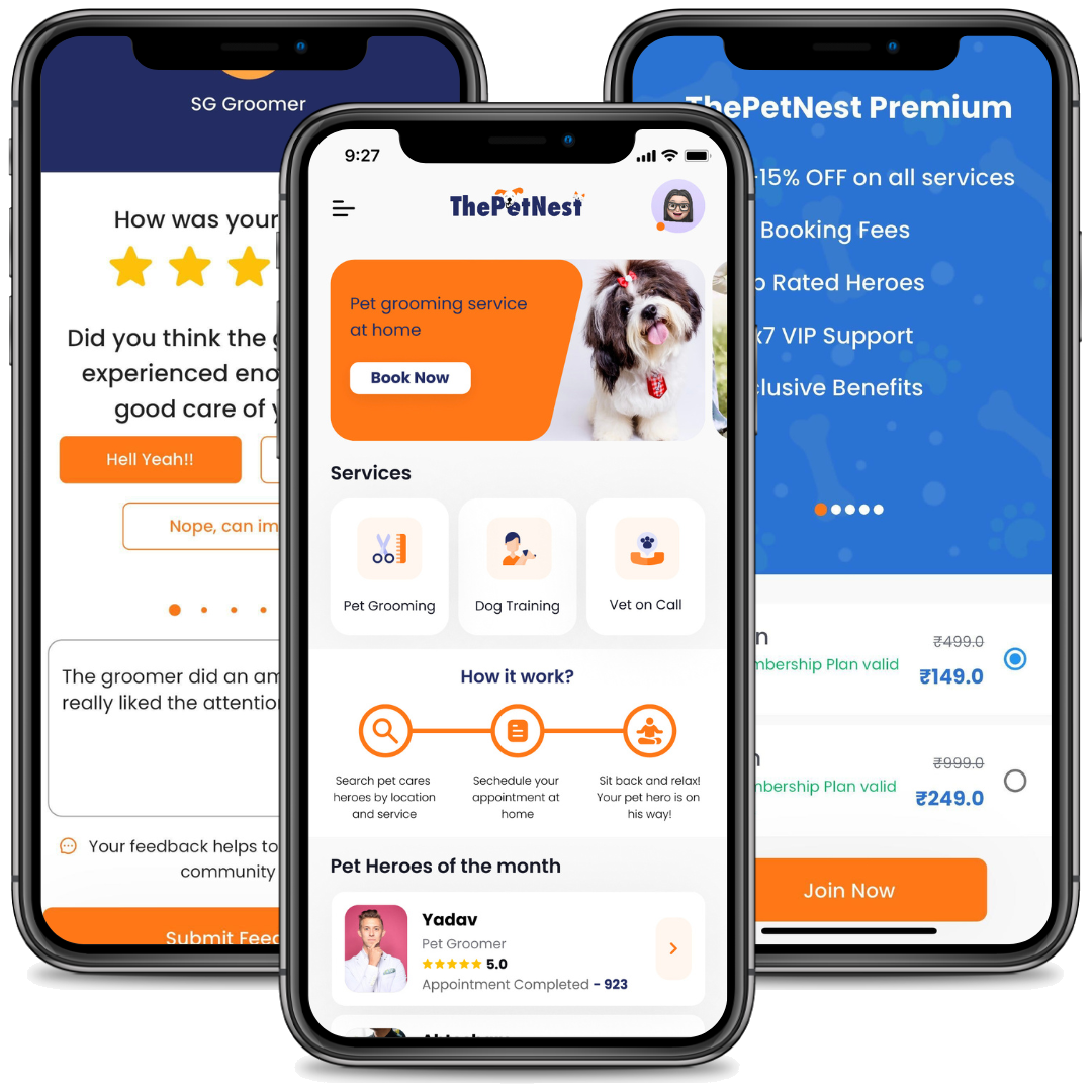 ThePetNest app on phone — home, live tracking, and video call
