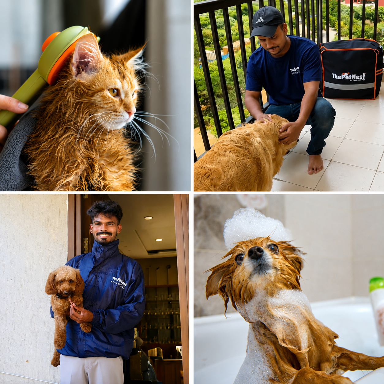 Professional ThePetNest groomer brushing a dog at home in Bangalore