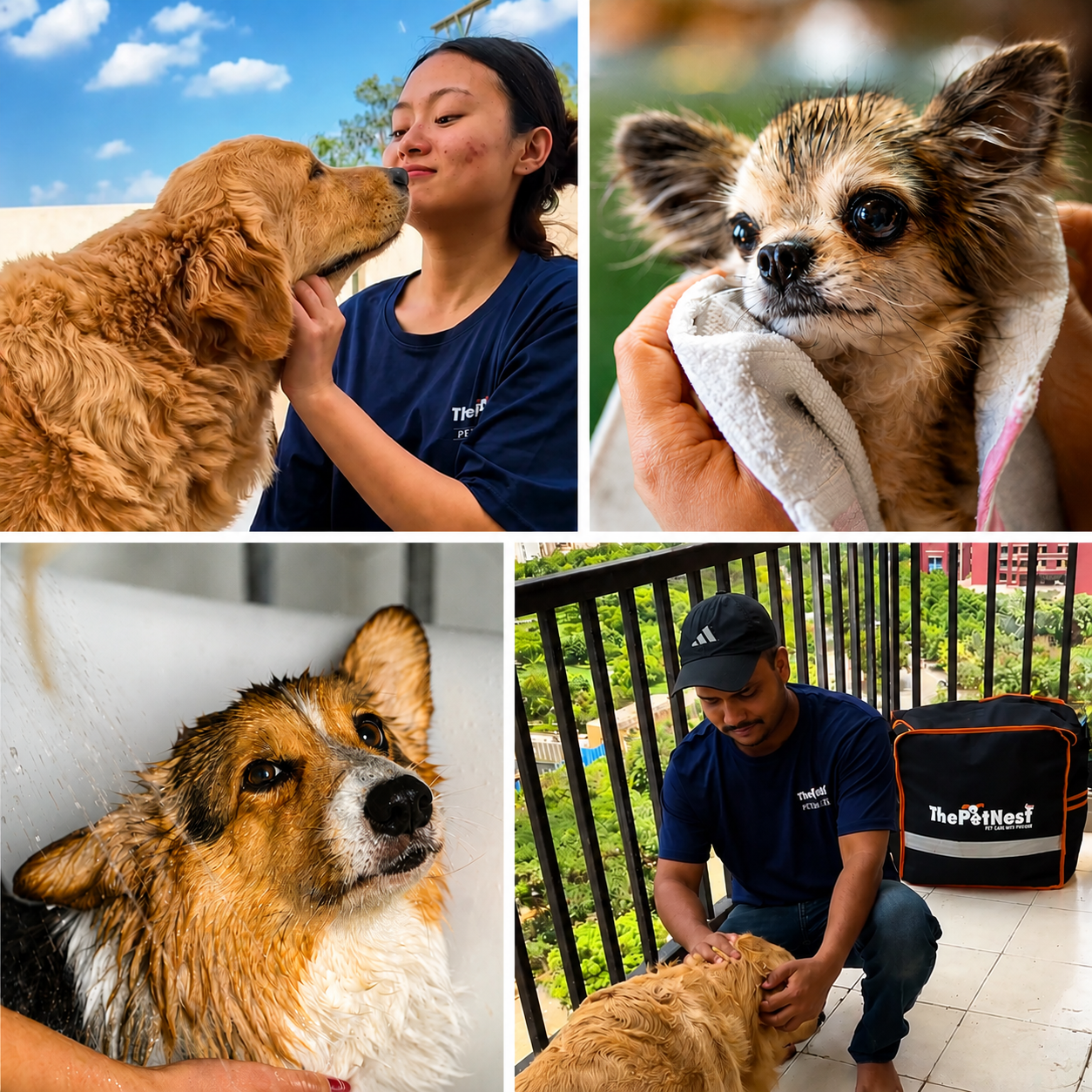 Professional ThePetNest groomer brushing a dog at home in Hyderabad